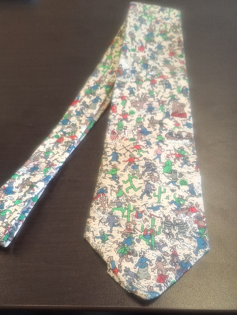 Where's Waldo Western Scene Silk Tie in White, Green & Blue